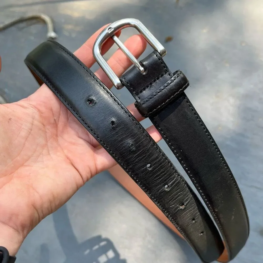L.L.Bean Black Full Grain Leather Belt Sz 46 USA Silver Buckle 42–49